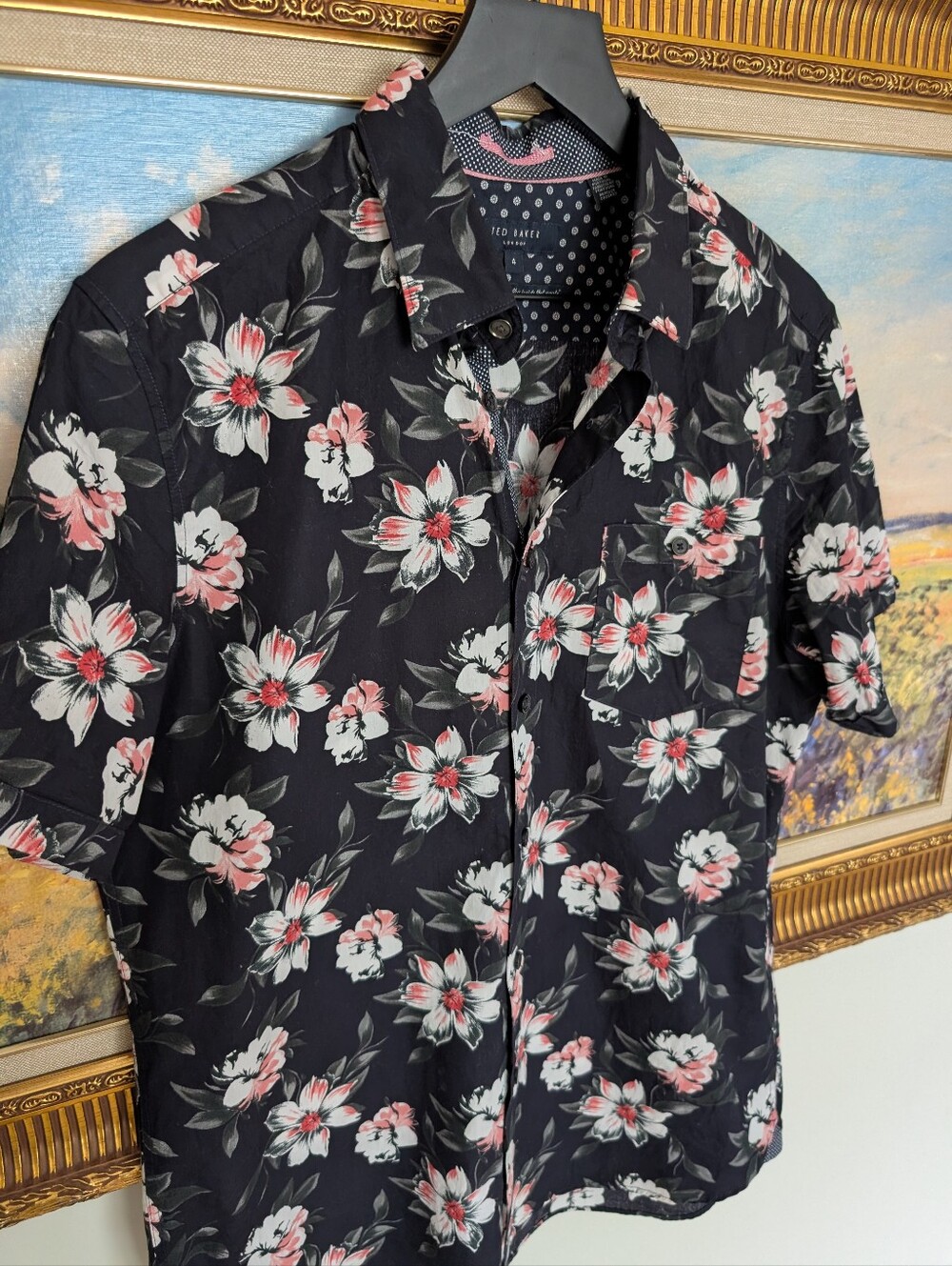 Ted Baker Black Floral Button-Down Shirt with Pink and White Flowers